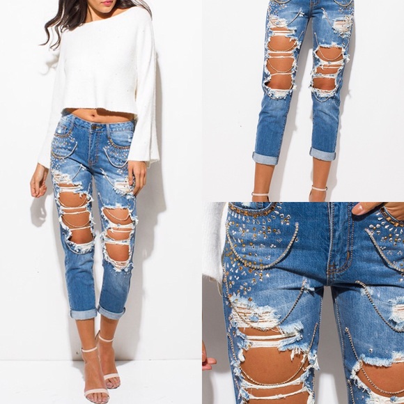 Distressed Rinestone Boyfriend Jeans - Picture 2 of 2
